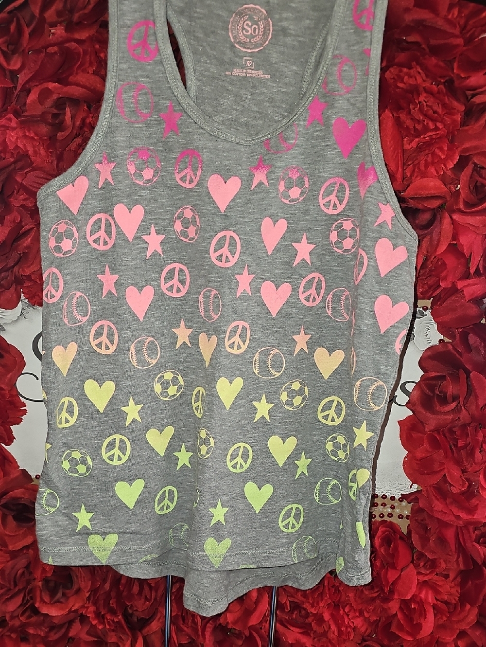 SO Girls Grey Tank Top with Neon Pink/Neon Yellow Sports Graphics Size 10